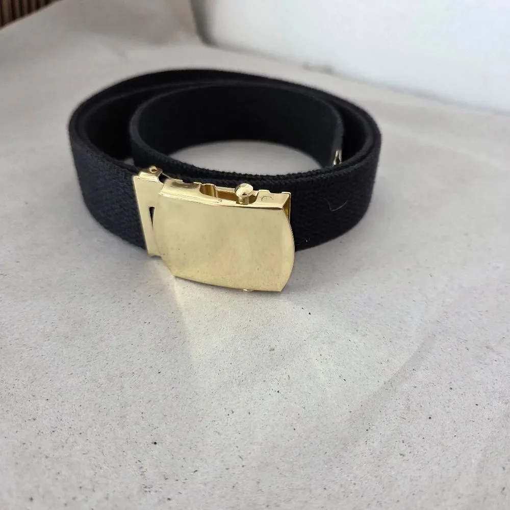 Navy Blue Ratchet Slide Belt Gold Hardware Fabric Adjustable Unisex Military